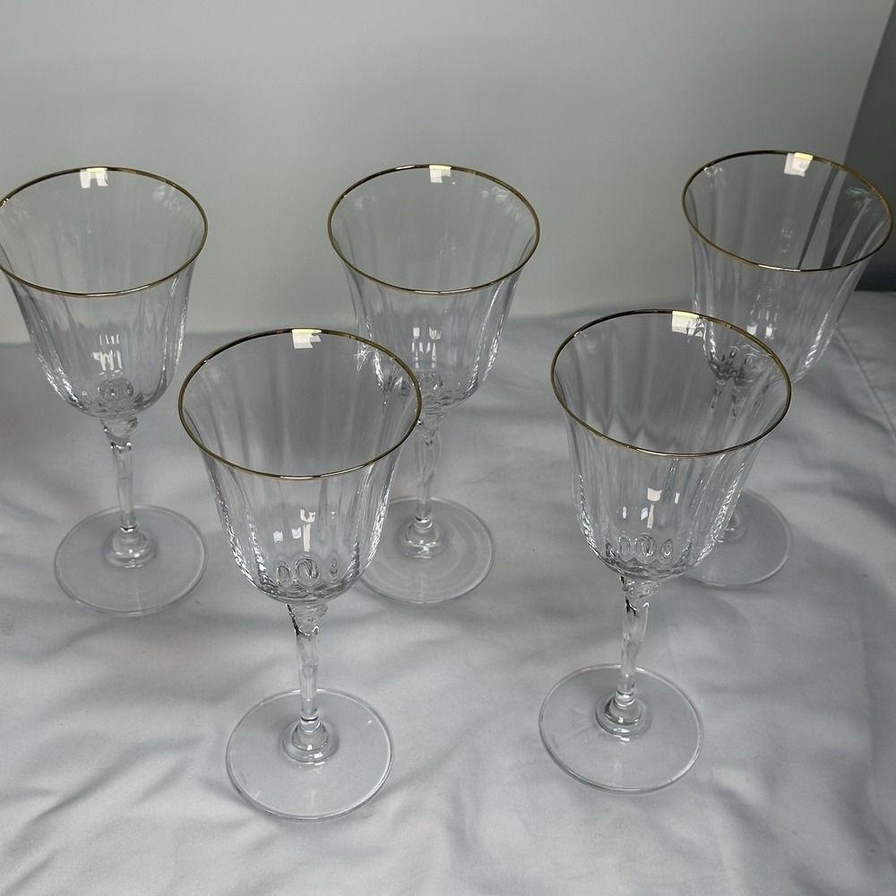 5 Retired Oneida Crystal Chateau Gold 8" Wine Glasses Mint!‎ Vintage